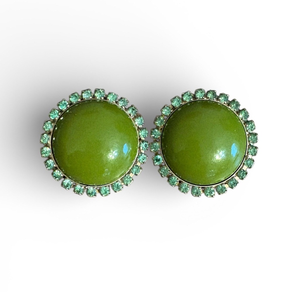 Vintage‎ Green Dome Clip On Earrings Rhinestone Embellished Statement